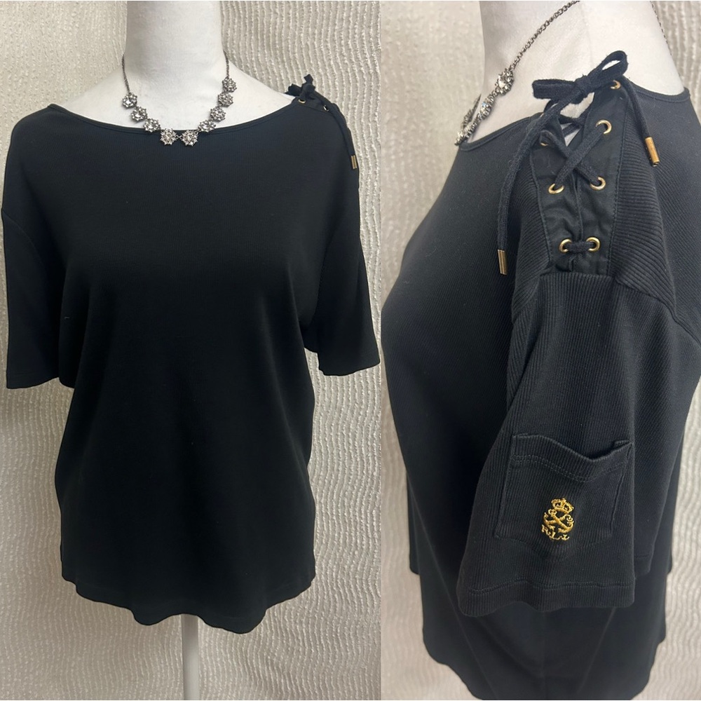 Lauren Ralph Lauren Women’s 2X Black Ribbed Lace Up Shoulder Top Plus Logo Tee